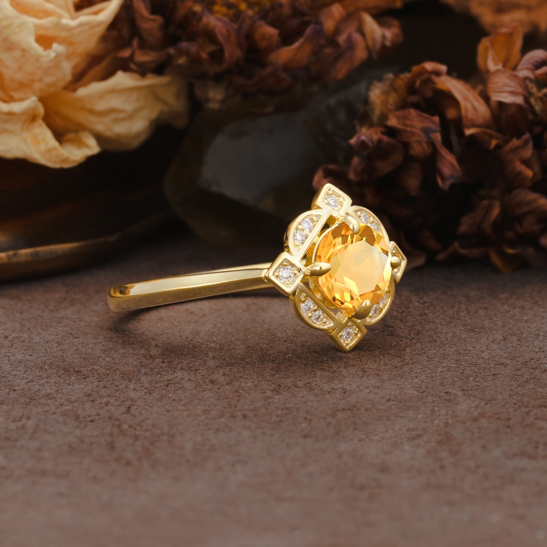 Nature-Inspired Unique Floral-Shaped 4-Prong Round-Cut Citrine Engagement Ring - Additional view