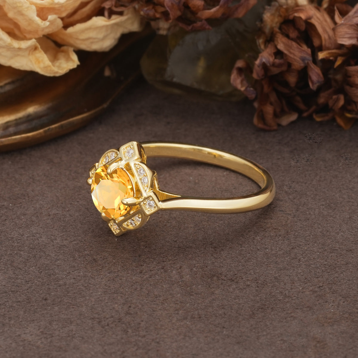 Nature-Inspired Unique Floral-Shaped 4-Prong Round-Cut Citrine Engagement Ring - Additional view