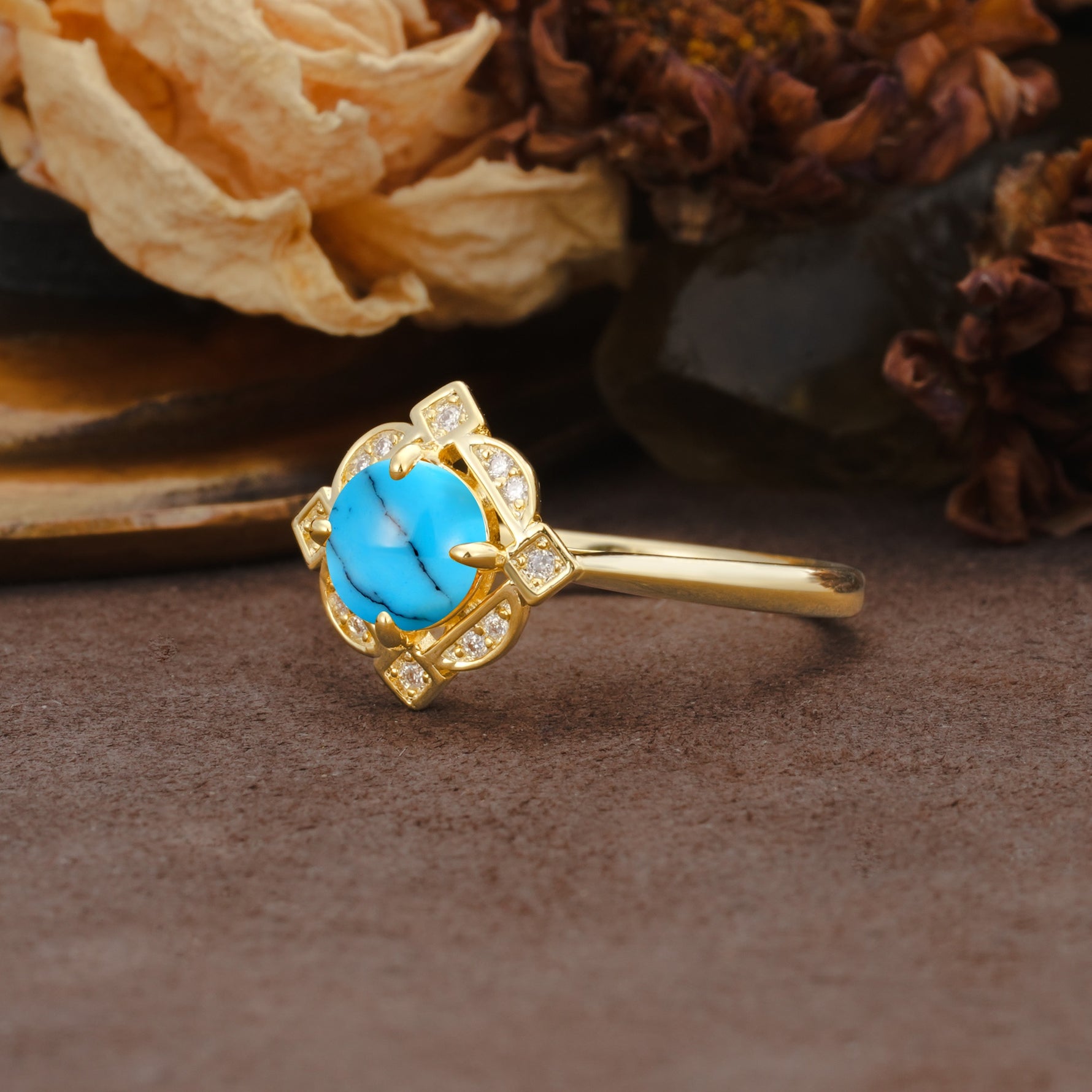 Nature-Inspired Unique Floral-Shaped 4-Prong Round-Cut Turquoise Engagement Ring - Additional view