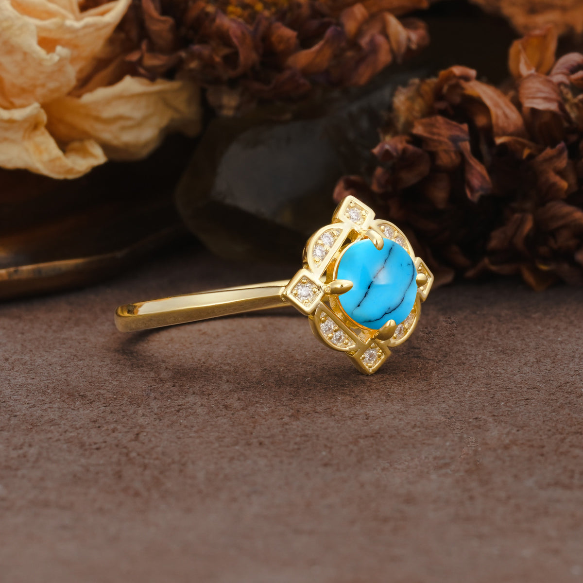 Nature-Inspired Unique Floral-Shaped 4-Prong Round-Cut Turquoise Engagement Ring - Additional view