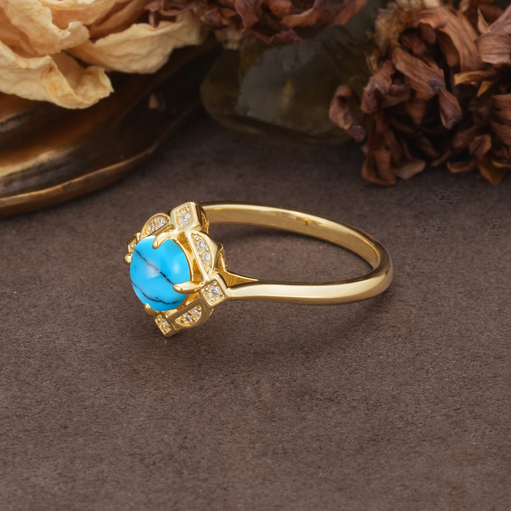 Nature-Inspired Unique Floral-Shaped 4-Prong Round-Cut Turquoise Engagement Ring - Additional view