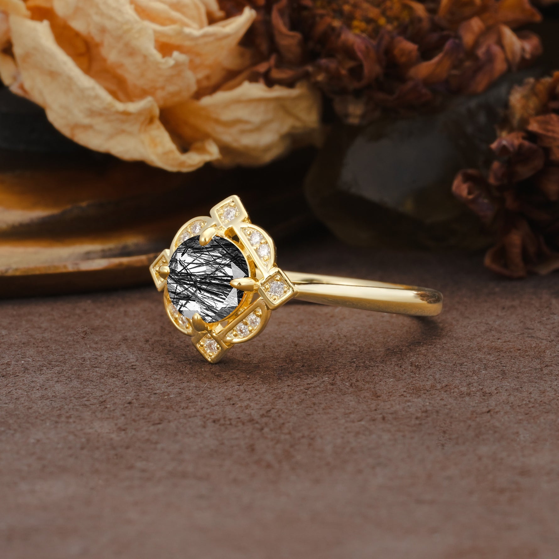 Nature-Inspired Unique Floral-Shaped 4-Prong Round-Cut Black Rutilated Quartz Engagement Ring - Additional view