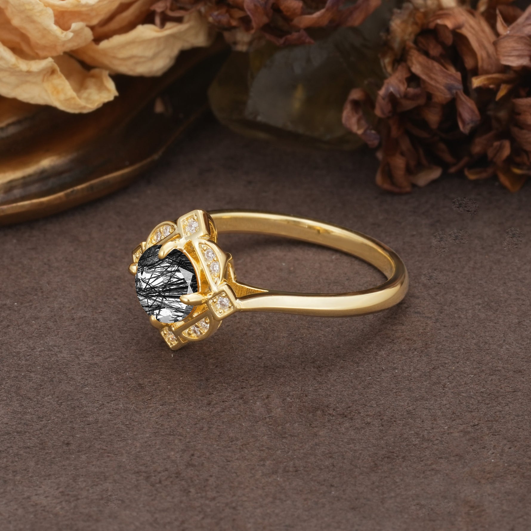 Nature-Inspired Unique Floral-Shaped 4-Prong Round-Cut Black Rutilated Quartz Engagement Ring - Additional view