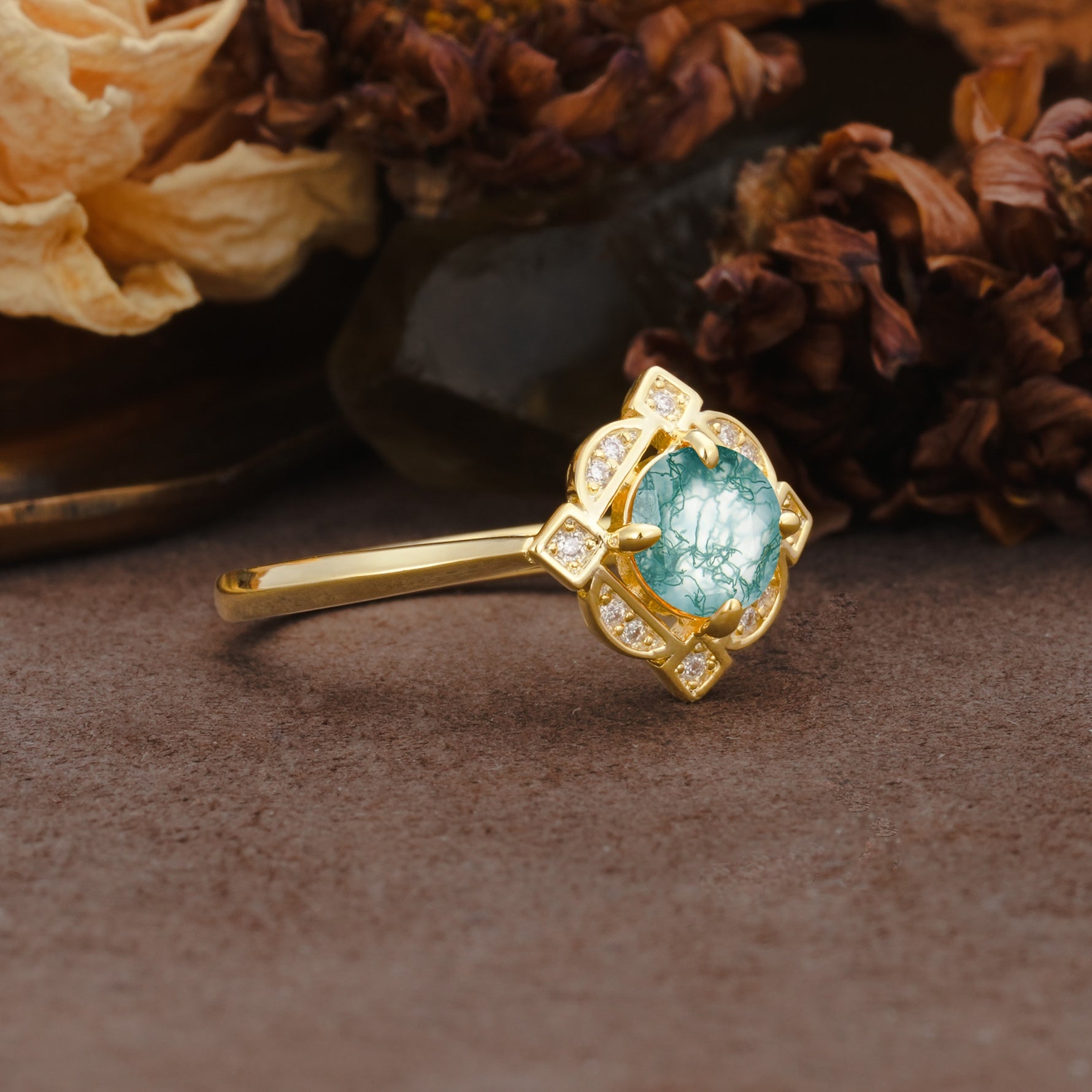 Nature-Inspired Unique Floral-Shaped 4-Prong Round-Cut Moss Agate Engagement Ring - Additional view