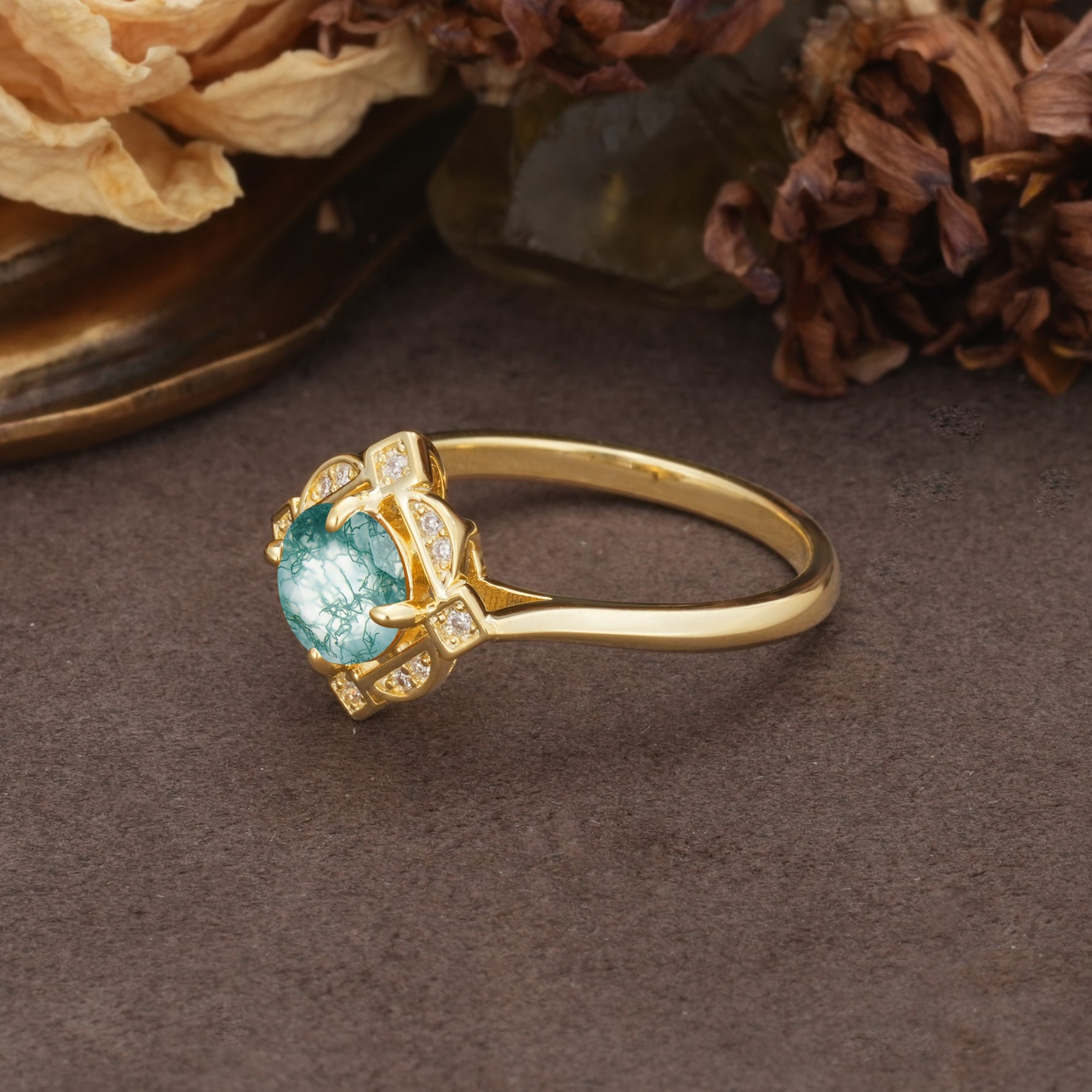 Nature-Inspired Unique Floral-Shaped 4-Prong Round-Cut Moss Agate Engagement Ring - Additional view