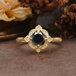 Nature-Inspired Unique Floral-Shaped 4-Prong Round-Cut Black Onyx Engagement Ring - Additional view