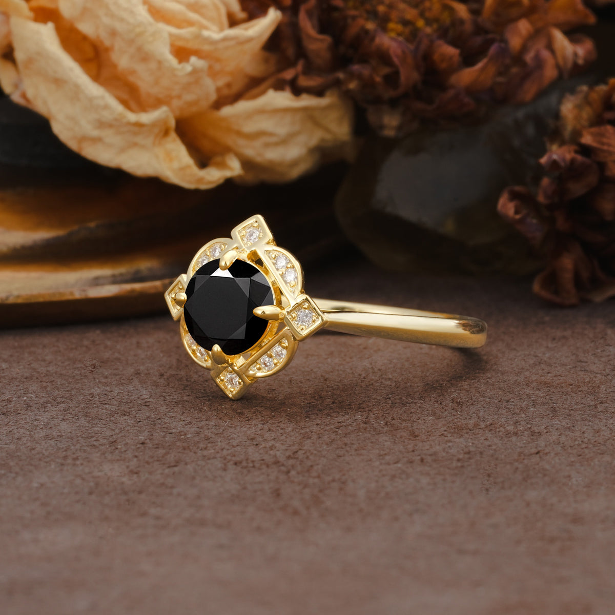 Nature-Inspired Unique Floral-Shaped 4-Prong Round-Cut Black Onyx Engagement Ring - Additional view