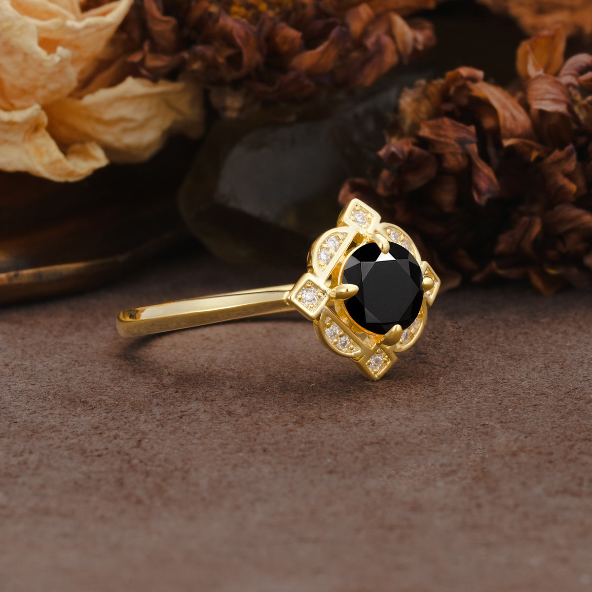 Nature-Inspired Unique Floral-Shaped 4-Prong Round-Cut Black Onyx Engagement Ring - Additional view