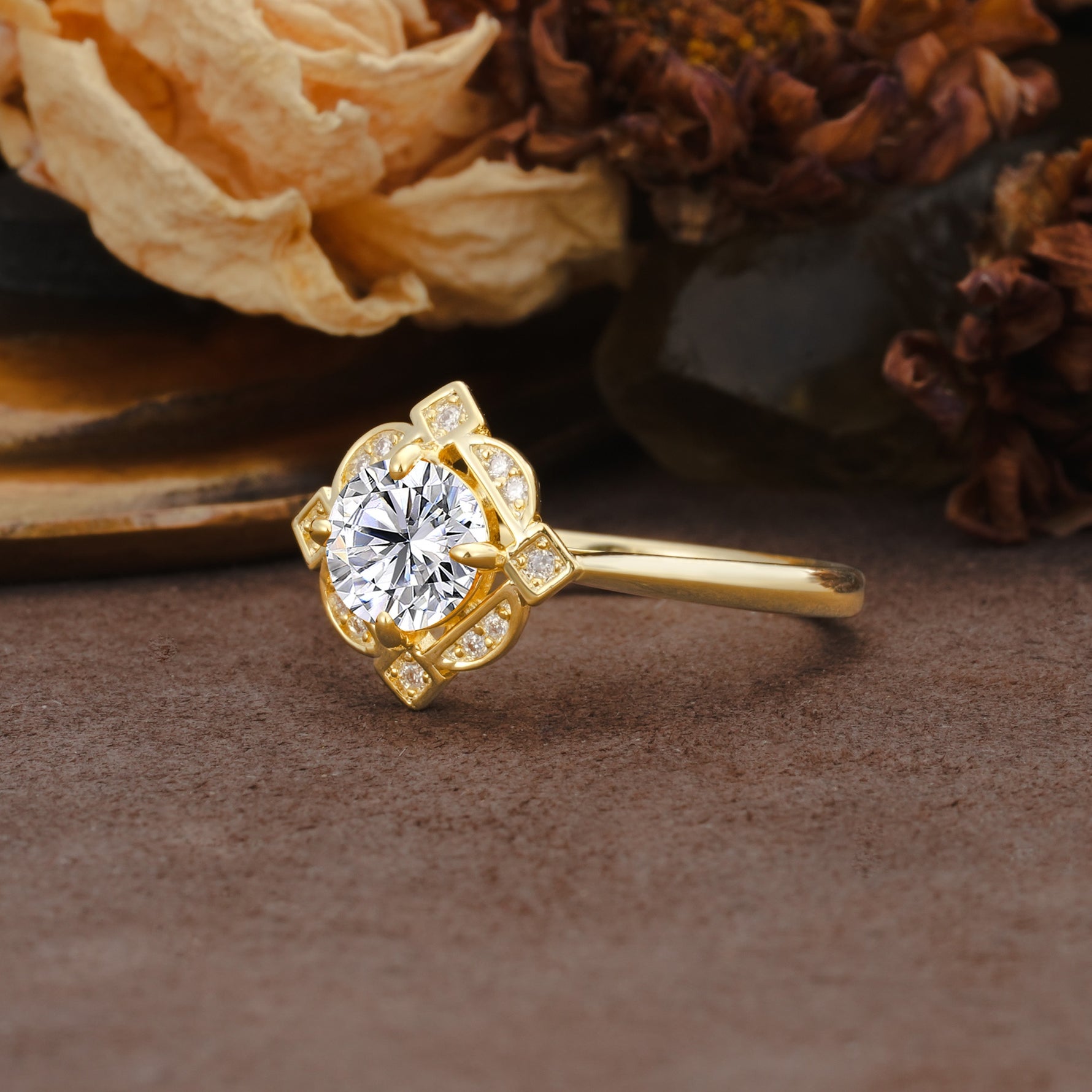Nature-Inspired Unique Floral-Shaped 4-Prong Round-Cut Lab Diamond Engagement Ring - Additional view