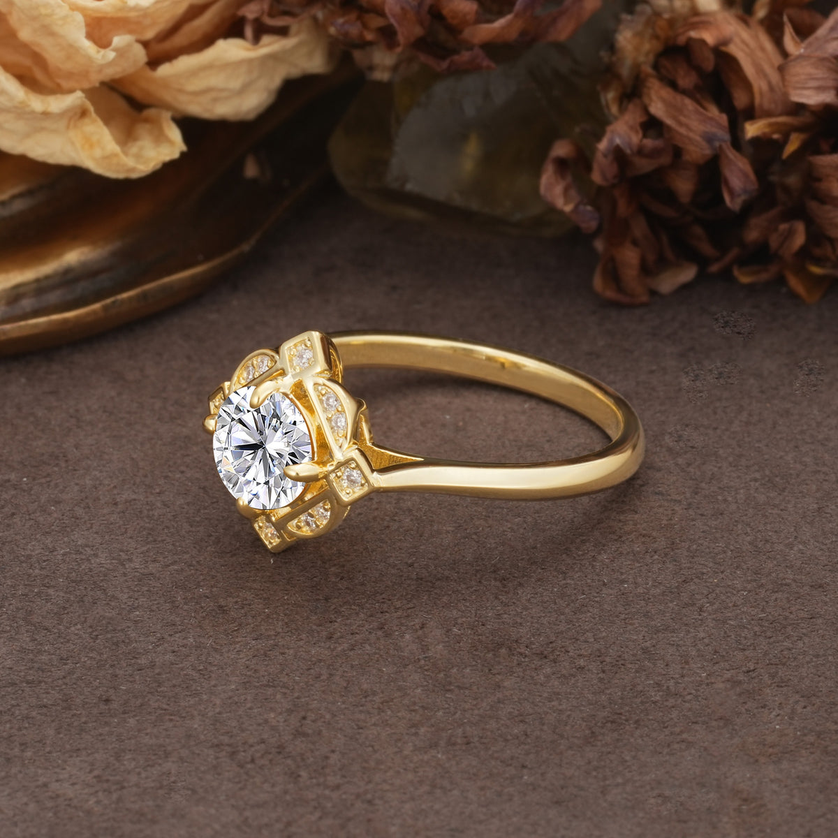 Nature-Inspired Unique Floral-Shaped 4-Prong Round-Cut Lab Diamond Engagement Ring - Additional view