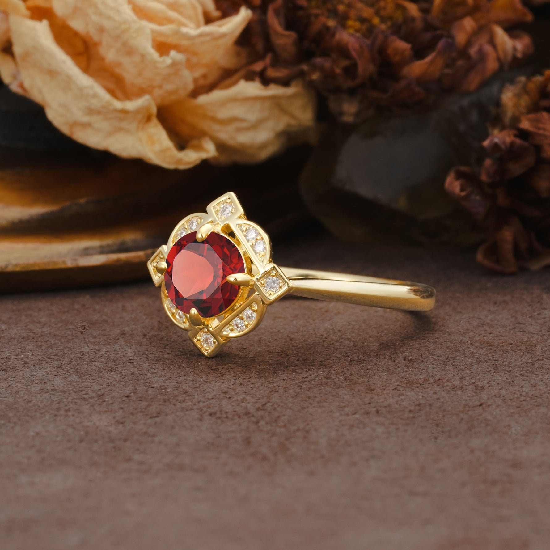 Nature-Inspired Unique Floral-Shaped 4-Prong Round-Cut Garnet Engagement Ring - Additional view