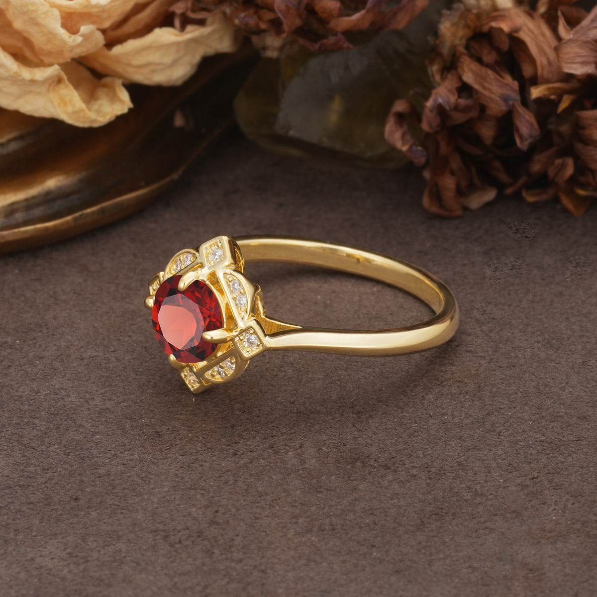 Nature-Inspired Unique Floral-Shaped 4-Prong Round-Cut Garnet Engagement Ring - Additional view