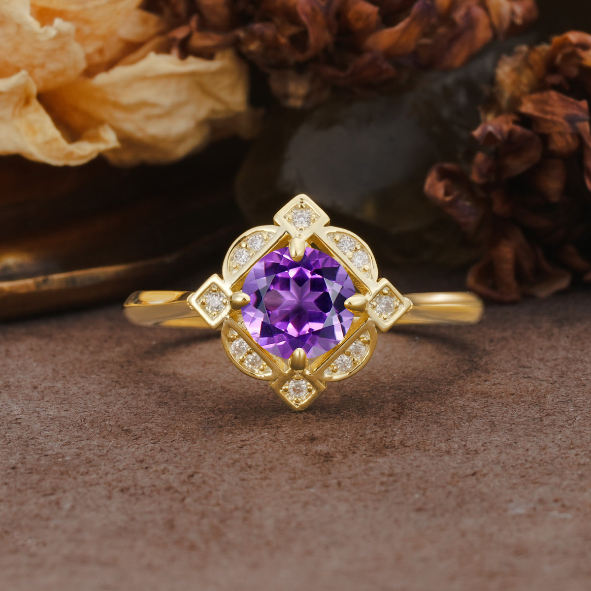 Nature-Inspired Unique Floral-Shaped 4-Prong Round-Cut Amethyst Engagement Ring - Additional view