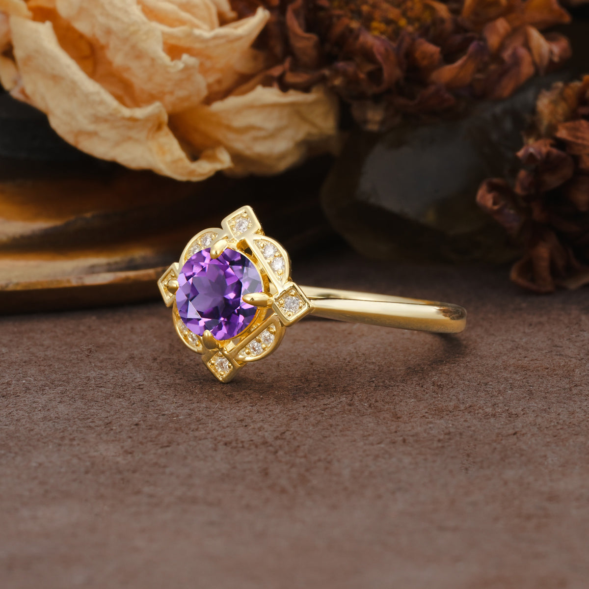 Nature-Inspired Unique Floral-Shaped 4-Prong Round-Cut Amethyst Engagement Ring - Additional view