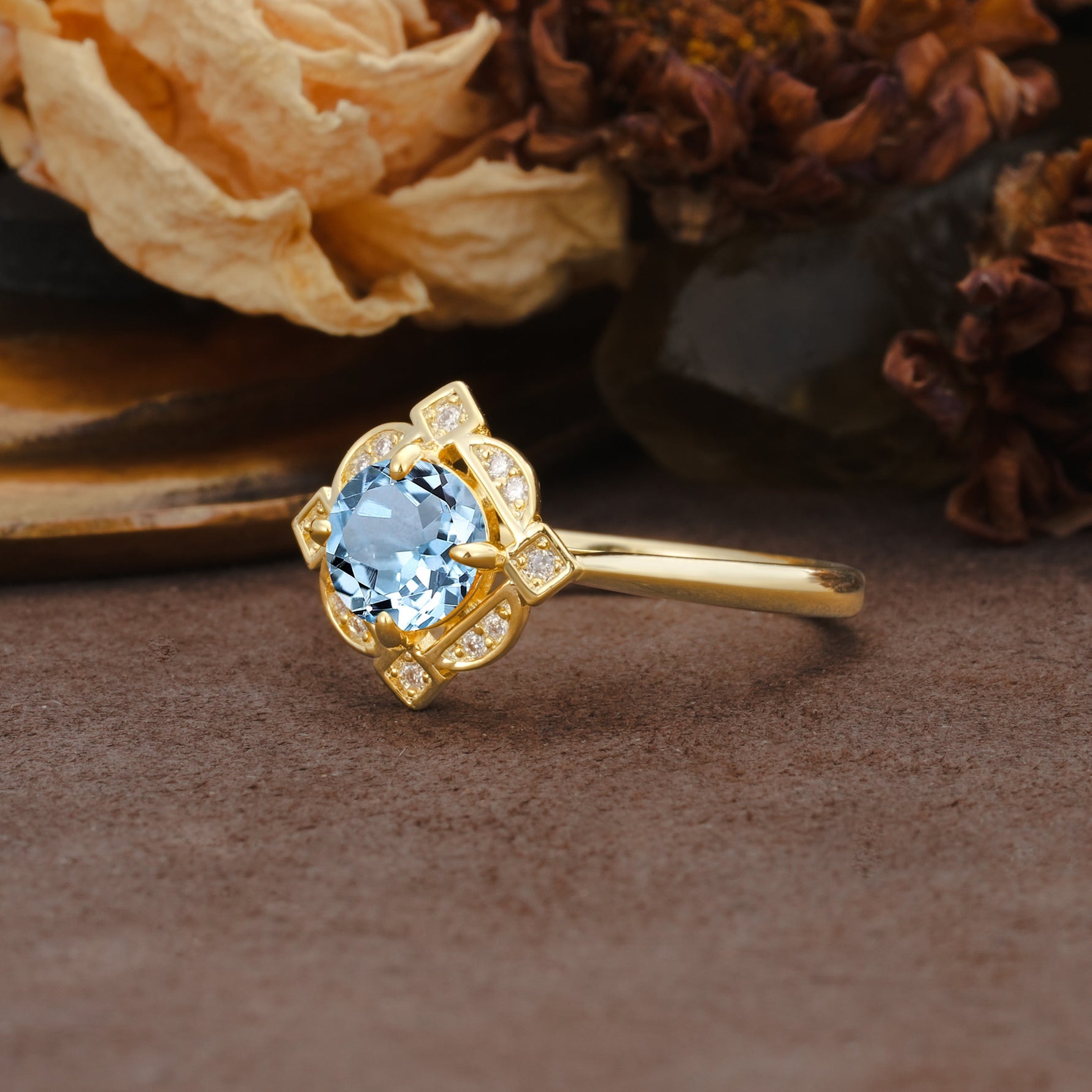 Nature-Inspired Unique Floral-Shaped 4-Prong Round-Cut Aquamarine Engagement Ring - Additional view