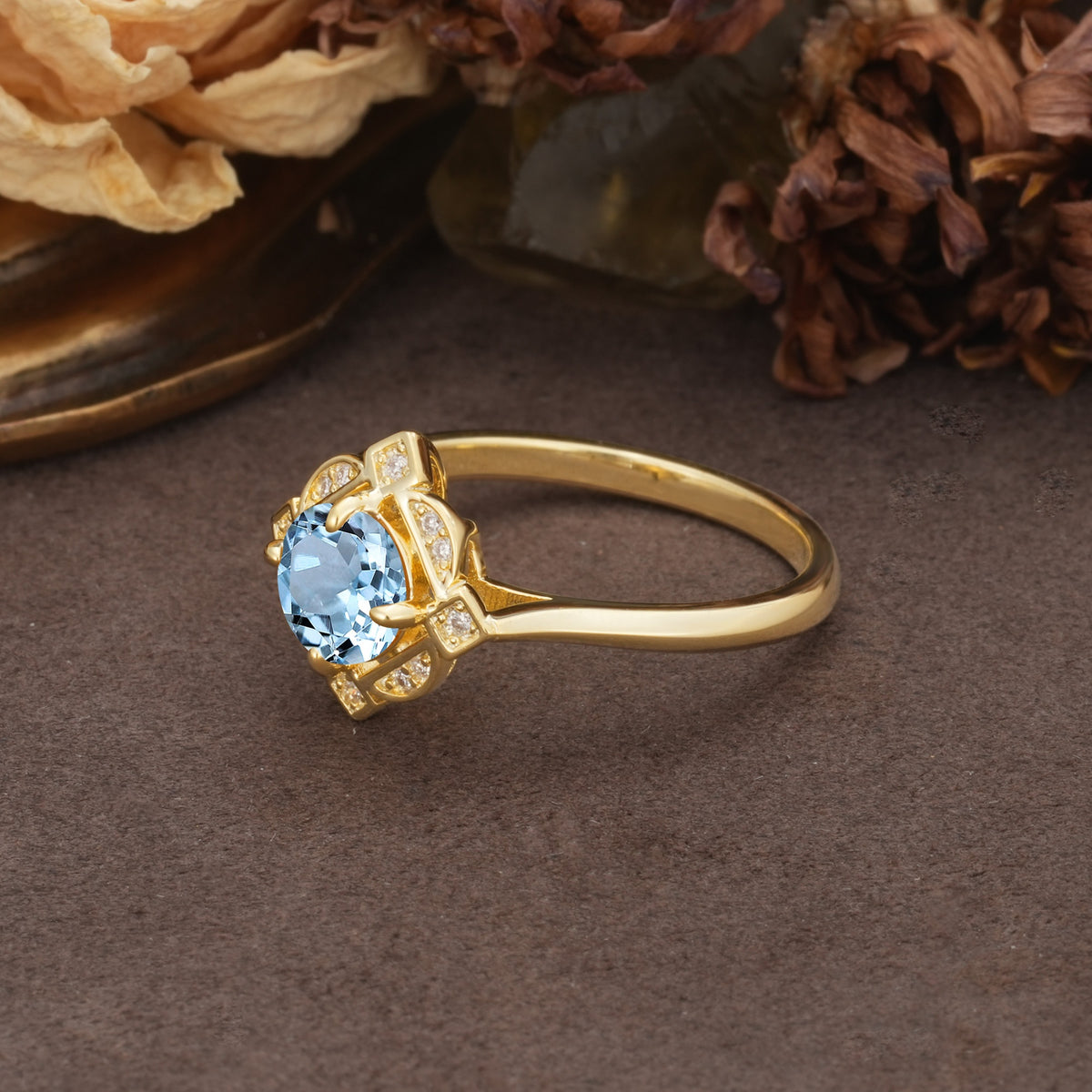 Nature-Inspired Unique Floral-Shaped 4-Prong Round-Cut Aquamarine Engagement Ring - Additional view
