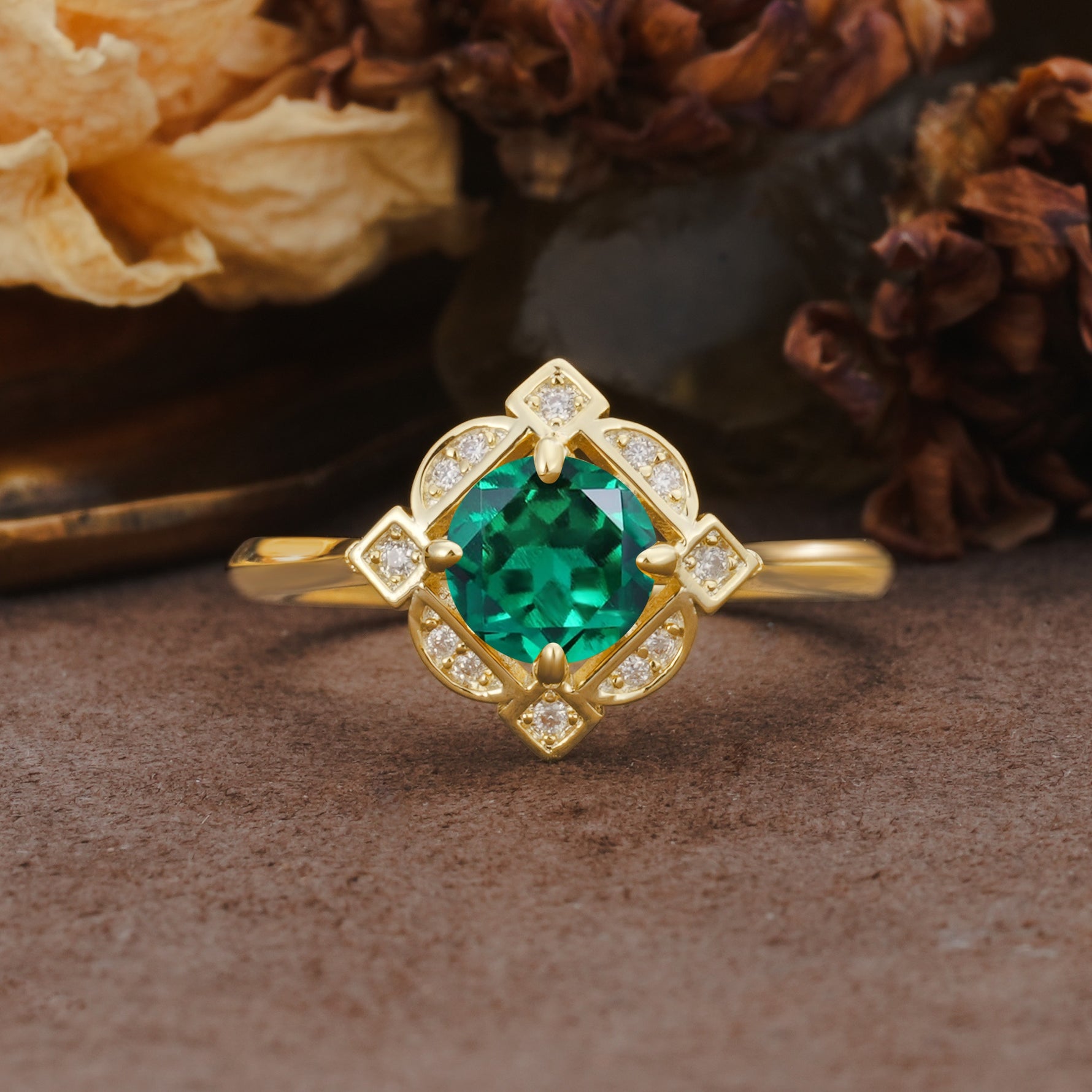 Nature-Inspired Unique Floral-Shaped 4-Prong Round-Cut Emerald Engagement Ring - Additional view