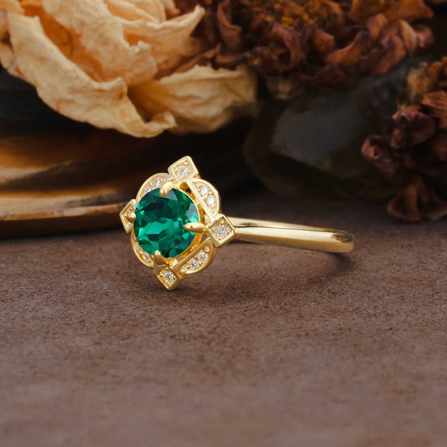 Nature-Inspired Unique Floral-Shaped 4-Prong Round-Cut Emerald Engagement Ring - Additional view
