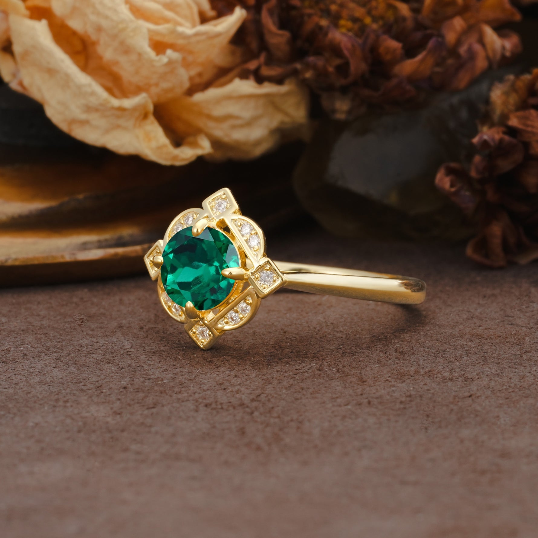 Nature-Inspired Unique Floral-Shaped 4-Prong Round-Cut Emerald Engagement Ring - Additional view