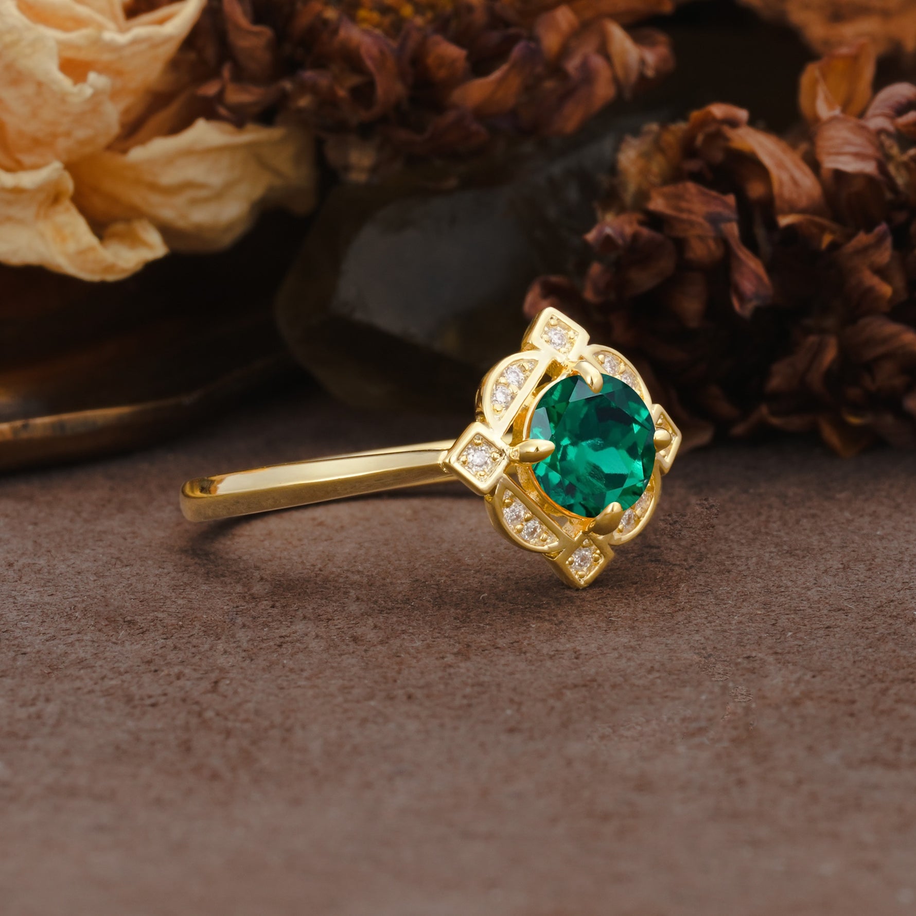 Nature-Inspired Unique Floral-Shaped 4-Prong Round-Cut Emerald Engagement Ring - Additional view