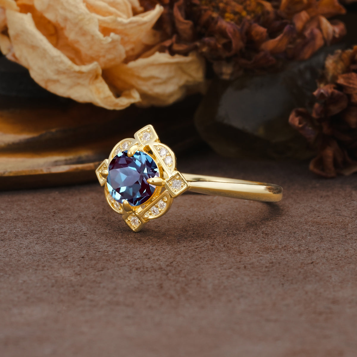 Nature-Inspired Unique Floral-Shaped 4-Prong Round-Cut Alexandrite Engagement Ring - Additional view