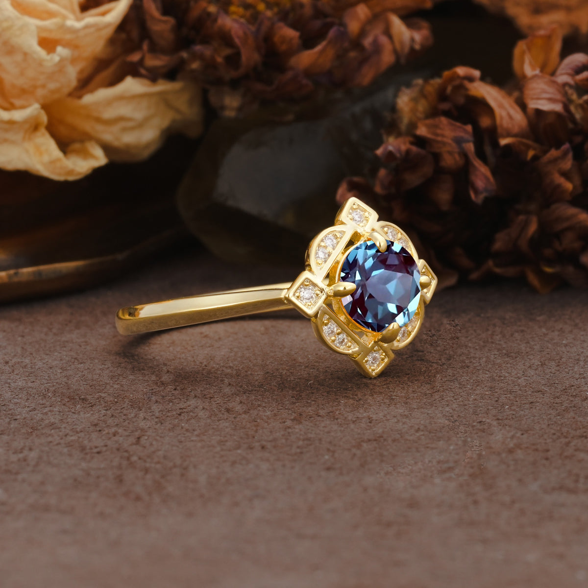 Nature-Inspired Unique Floral-Shaped 4-Prong Round-Cut Alexandrite Engagement Ring - Additional view