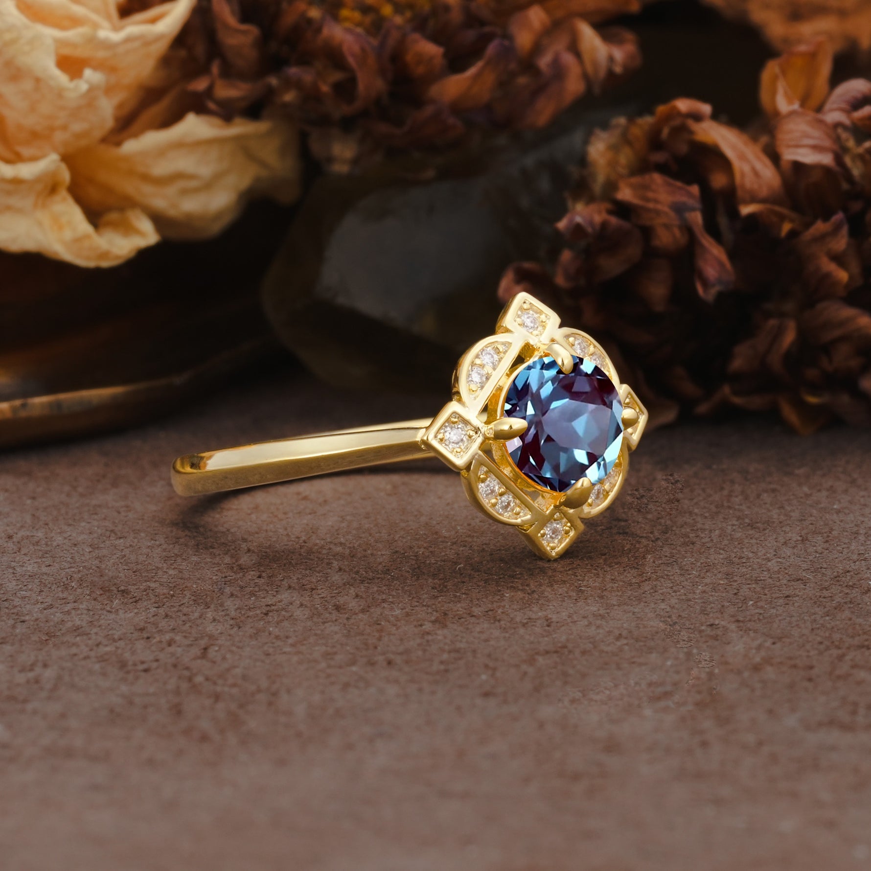 Nature-Inspired Unique Floral-Shaped 4-Prong Round-Cut Alexandrite Engagement Ring - Additional view