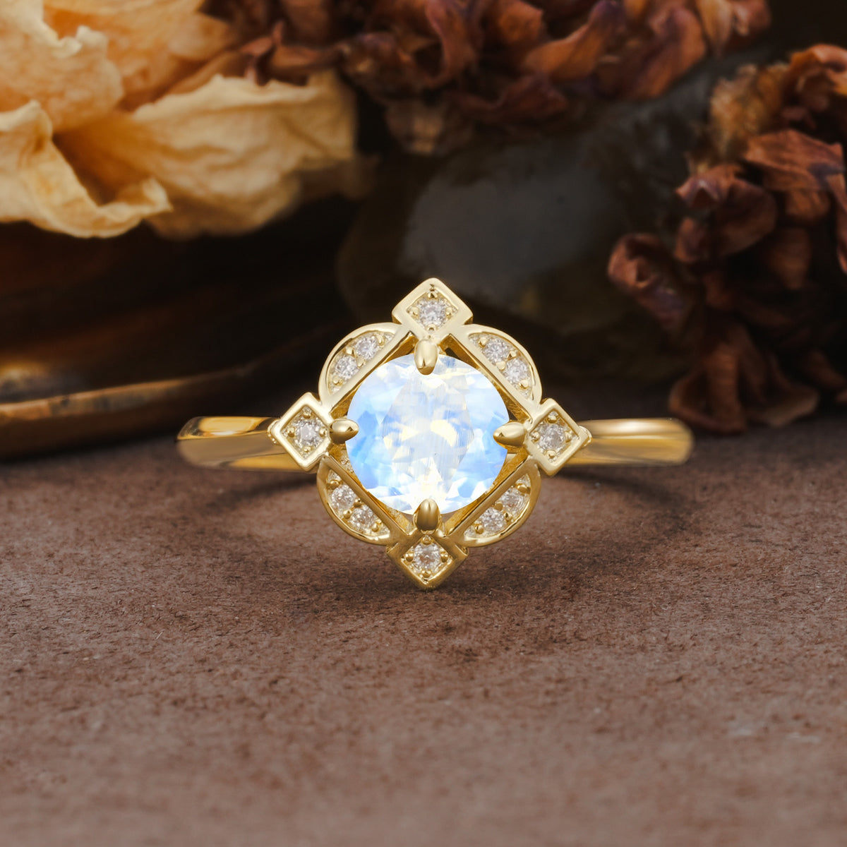 Nature-Inspired Unique Floral-Shaped 4-Prong Round-Cut Moonstone Engagement Ring - Additional view