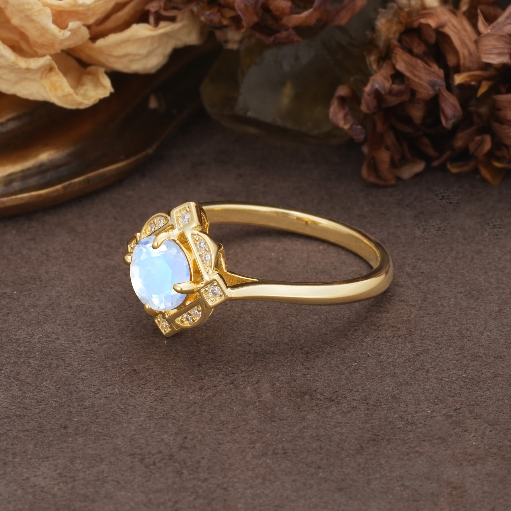 Nature-Inspired Unique Floral-Shaped 4-Prong Round-Cut Moonstone Engagement Ring - Additional view