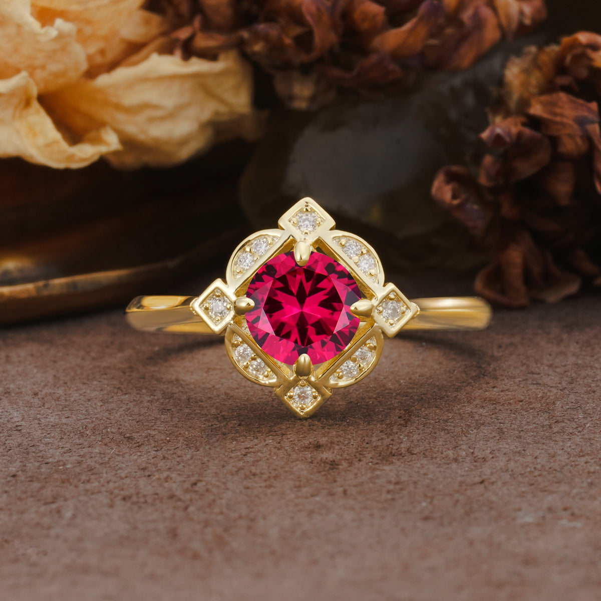 Nature-Inspired Unique Floral-Shaped 4-Prong Round-Cut Ruby Engagement Ring - Additional view