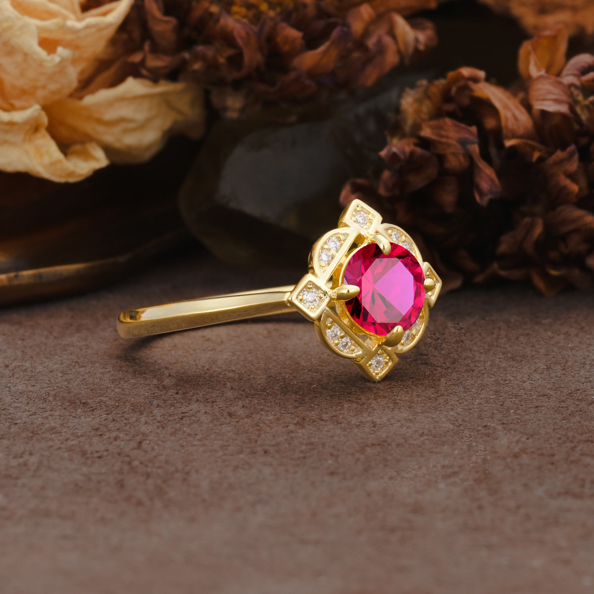 Nature-Inspired Unique Floral-Shaped 4-Prong Round-Cut Ruby Engagement Ring - Additional view