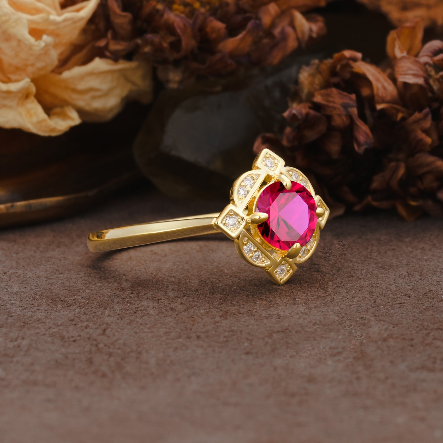 Nature-Inspired Unique Floral-Shaped 4-Prong Round-Cut Ruby Engagement Ring - Additional view