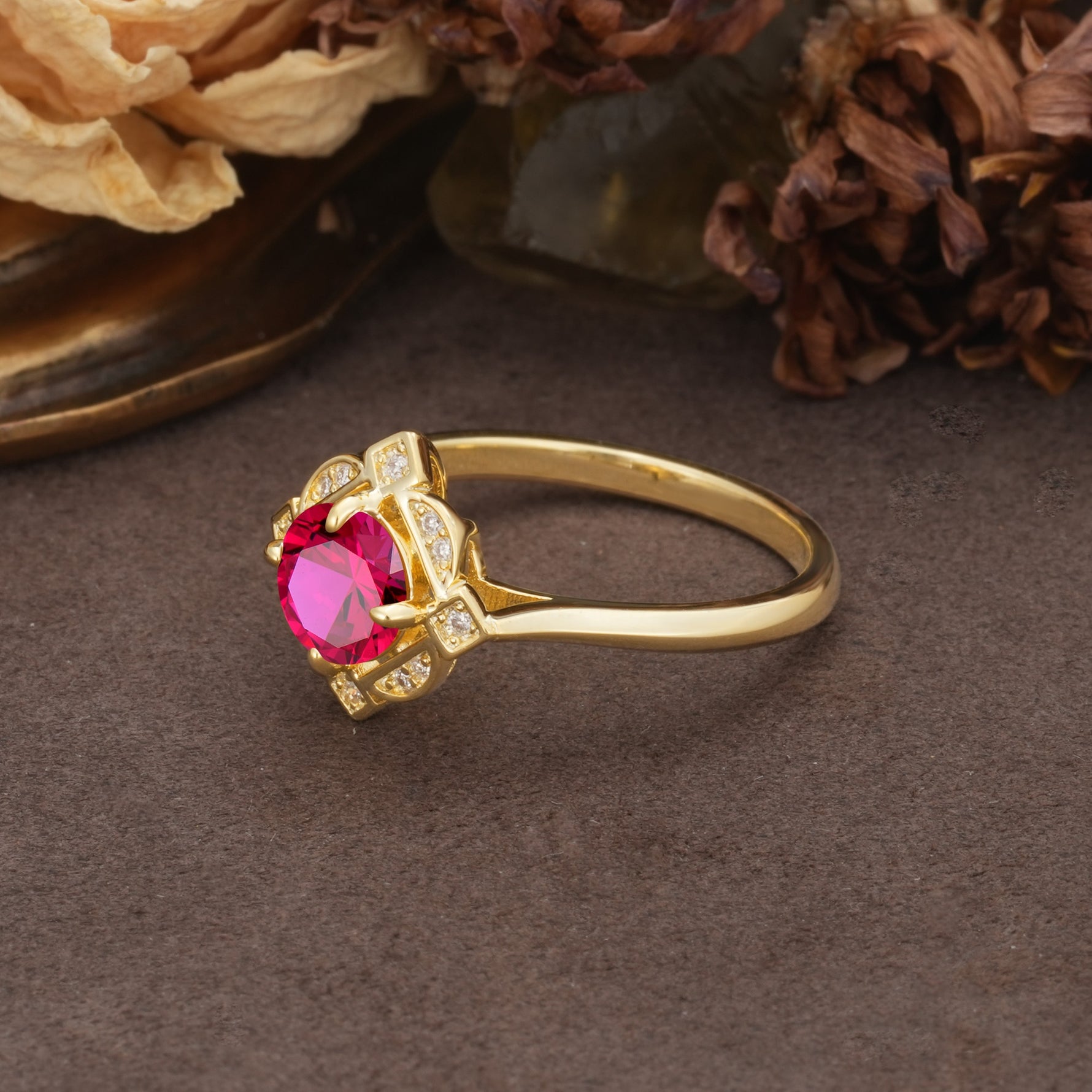 Nature-Inspired Unique Floral-Shaped 4-Prong Round-Cut Ruby Engagement Ring - Additional view