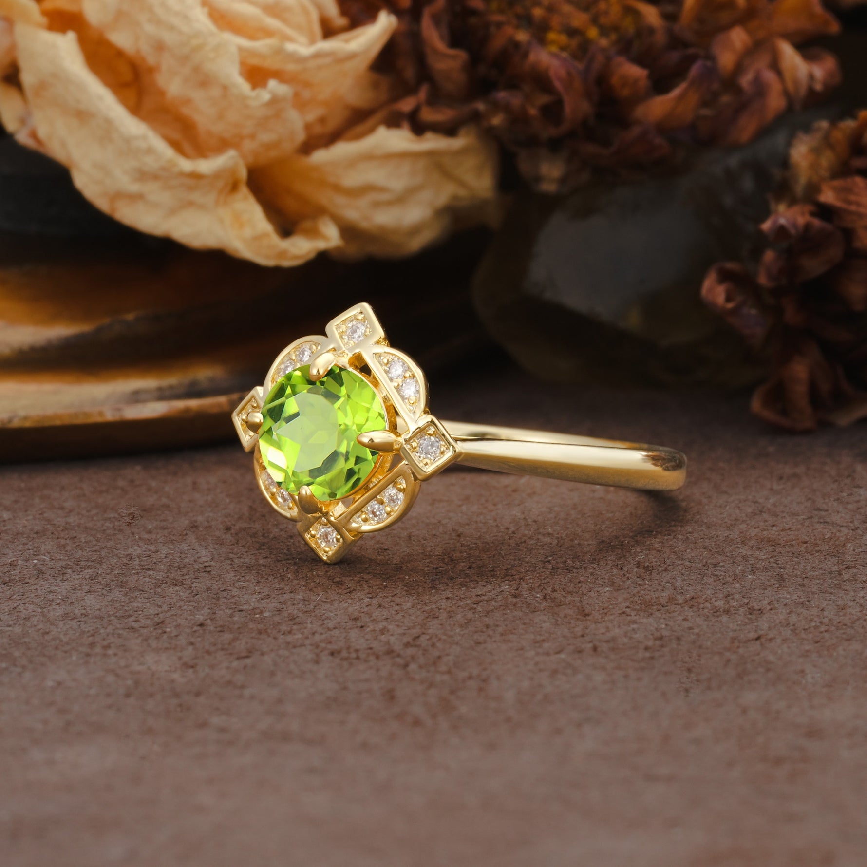 Nature-Inspired Unique Floral-Shaped 4-Prong Round-Cut Peridot Engagement Ring - Additional view