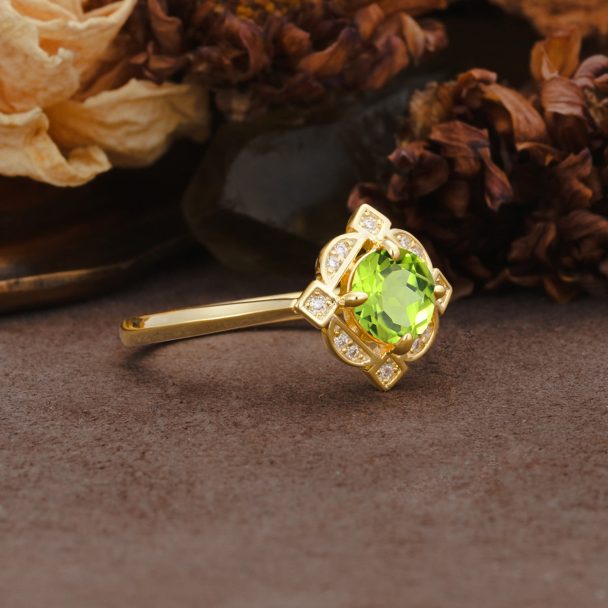 Nature-Inspired Unique Floral-Shaped 4-Prong Round-Cut Peridot Engagement Ring - Additional view