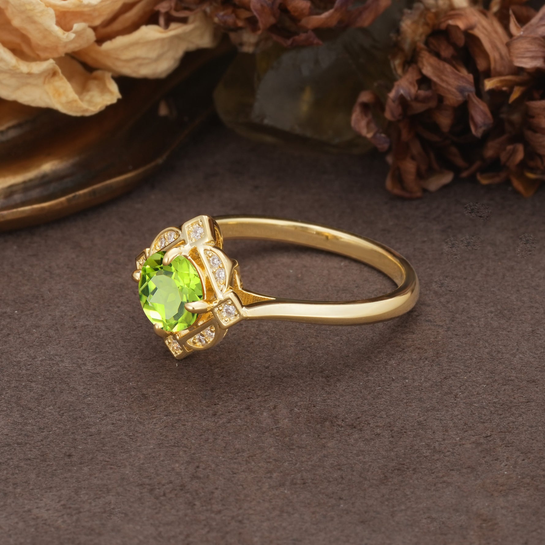 Nature-Inspired Unique Floral-Shaped 4-Prong Round-Cut Peridot Engagement Ring - Additional view