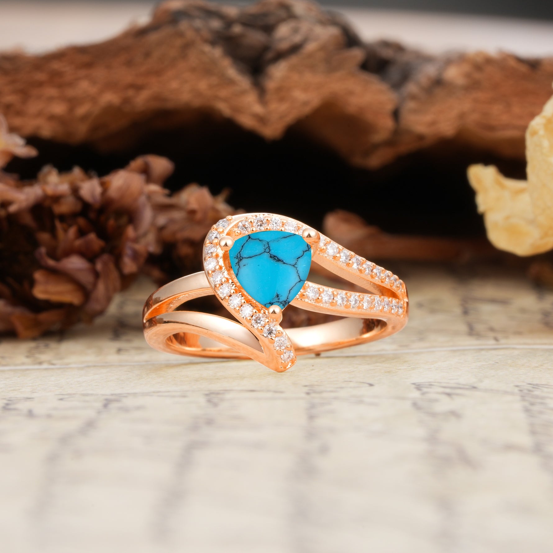 Unique Twisted and Entwined 3-Prong, Heart-Shaped Cut Turquoise Engagement Ring - Additional view