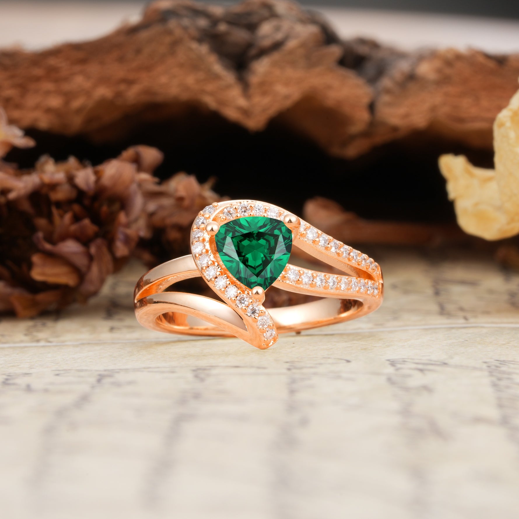 Unique Twisted and Entwined 3-Prong, Heart-Shaped Cut Emerald Engagement Ring - Additional view