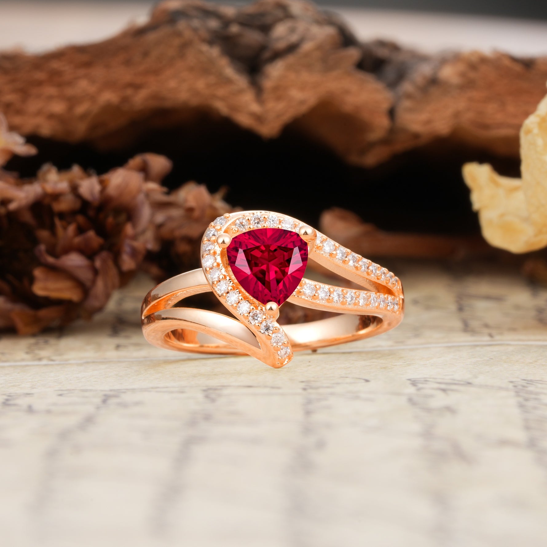 Unique Twisted and Entwined 3-Prong, Heart-Shaped Cut Ruby Engagement Ring - Additional view