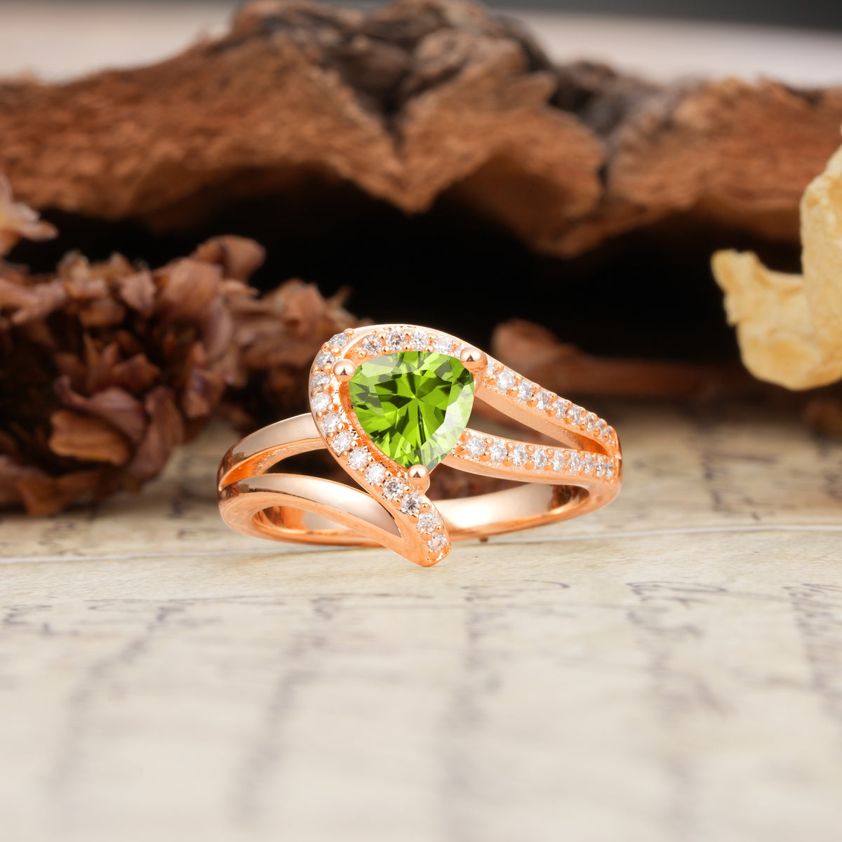 Unique Twisted and Entwined 3-Prong, Heart-Shaped Cut Peridot Engagement Ring - Additional view