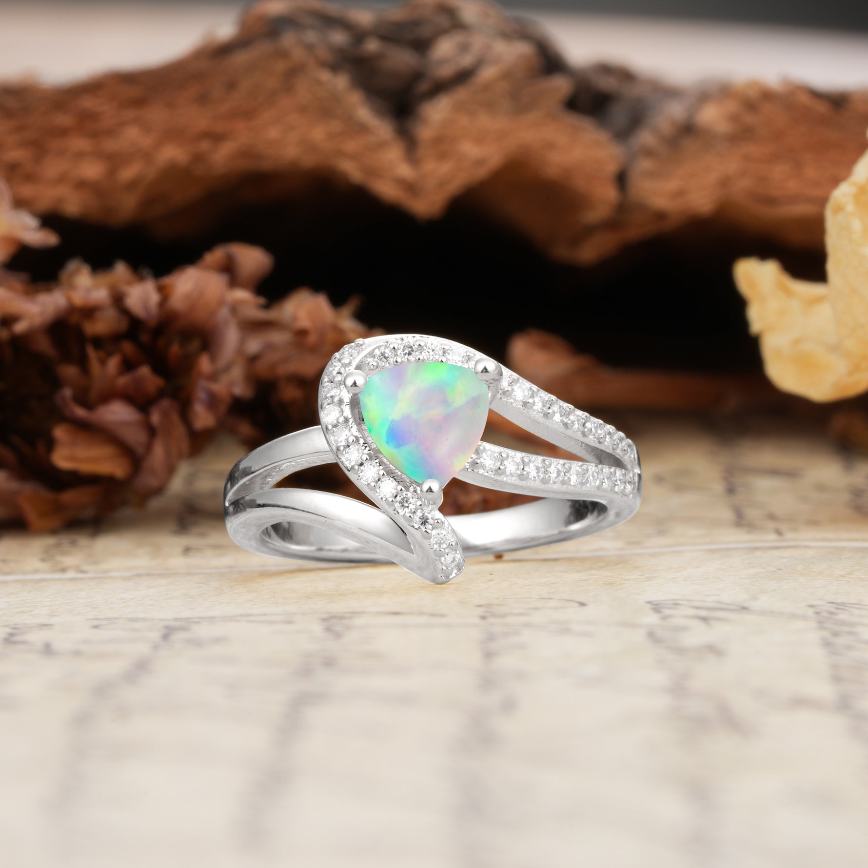Unique Twisted and Entwined 3-Prong, Heart-Shaped Cut Fire Opal Engagement Ring - Additional view