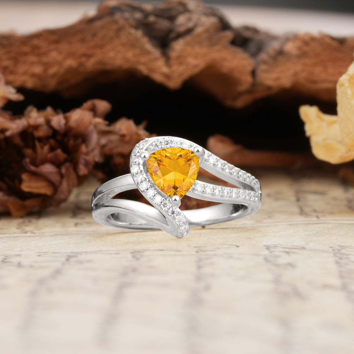 Unique Twisted and Entwined 3-Prong, Heart-Shaped Cut Citrine Engagement Ring - Additional view