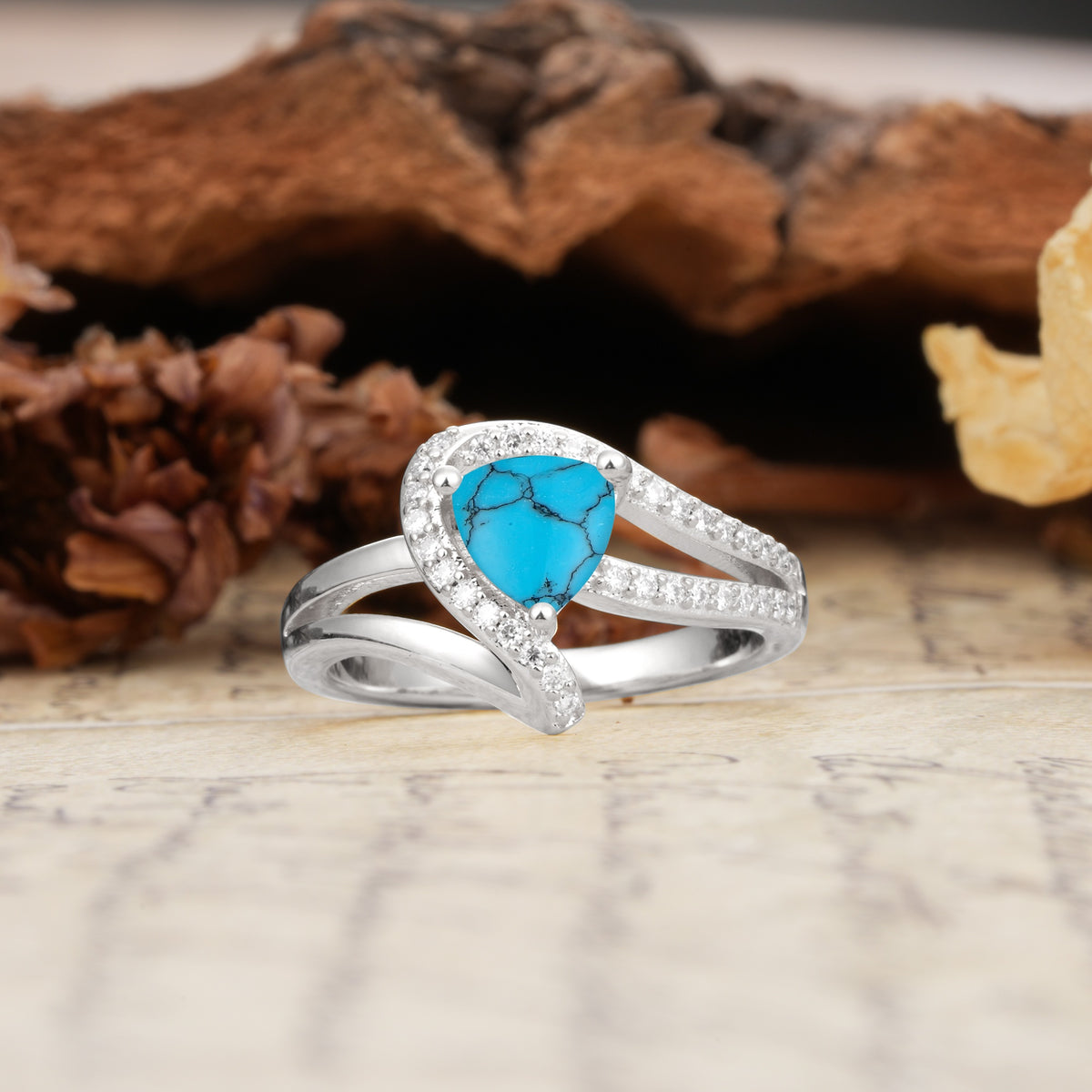 Unique Twisted and Entwined 3-Prong, Heart-Shaped Cut Turquoise Engagement Ring - Additional view