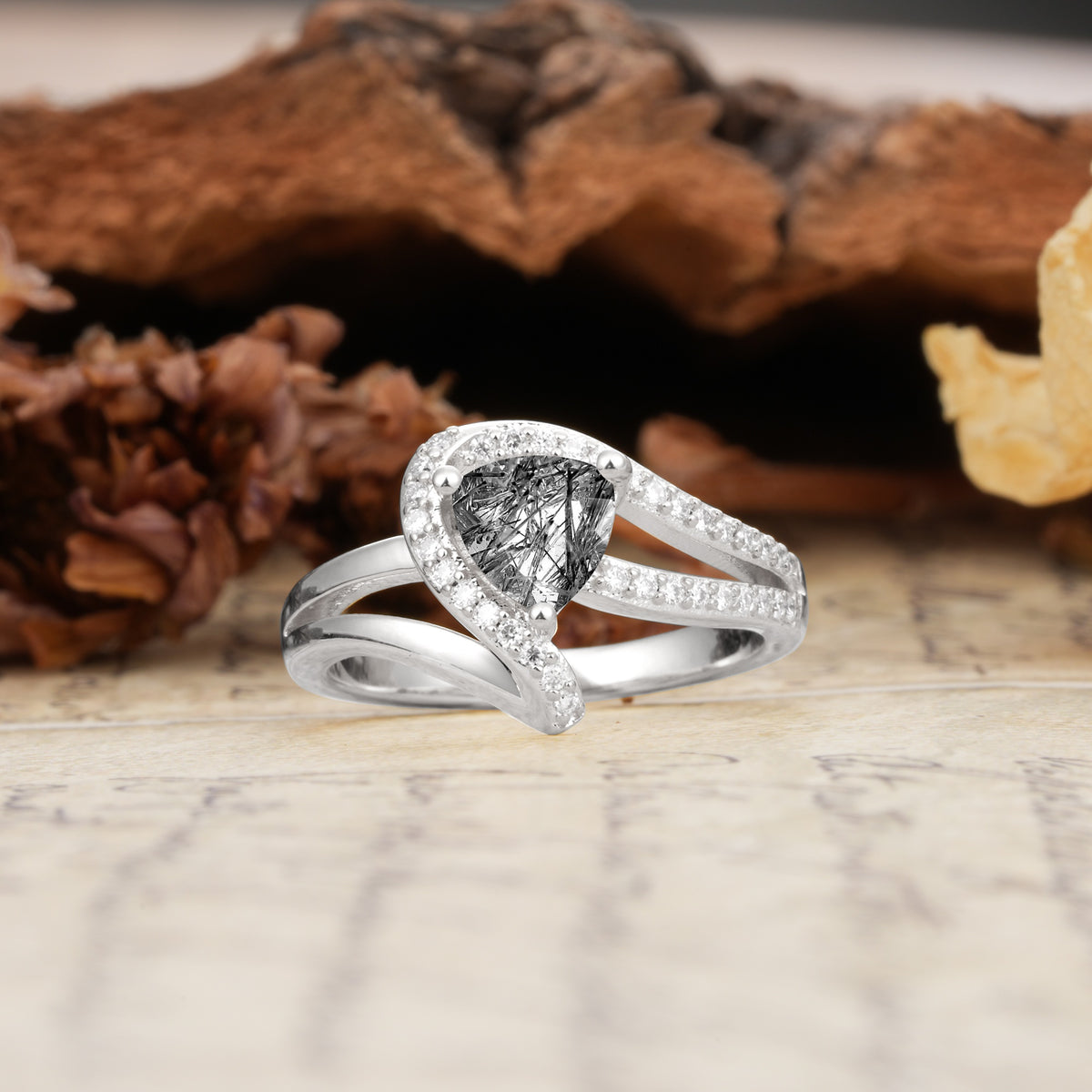 Unique Twisted and Entwined 3-Prong, Heart-Shaped Cut Black Rutilated Quartz Engagement Ring - Additional view