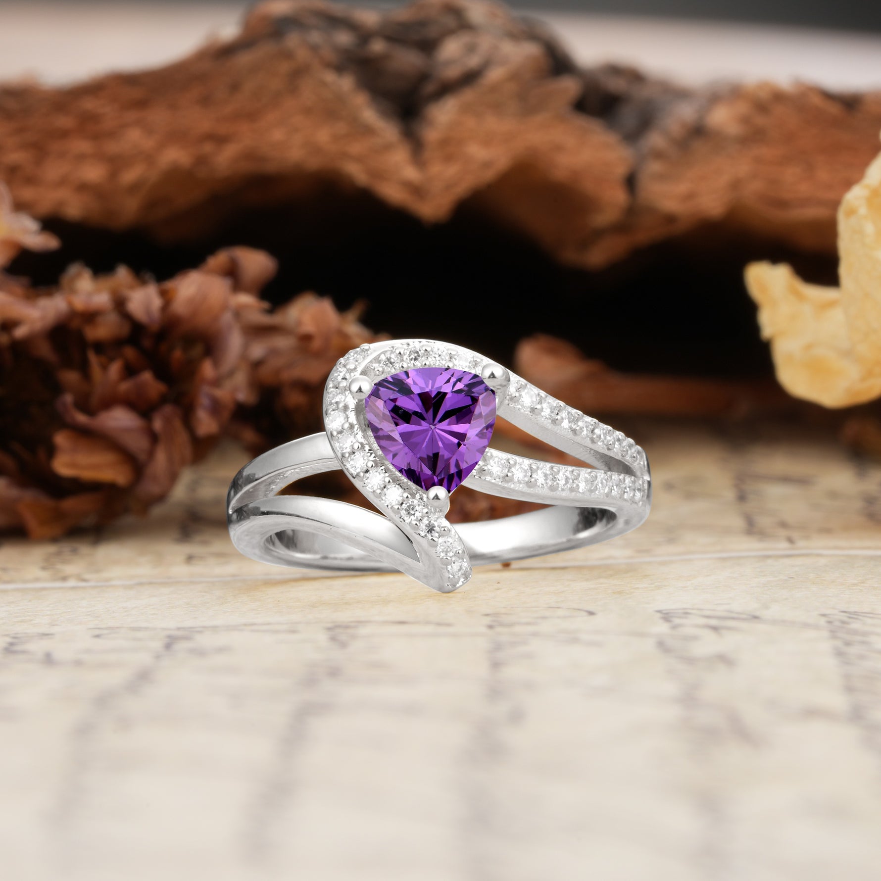 Unique Twisted and Entwined 3-Prong, Heart-Shaped Cut Amethyst Engagement Ring - Additional view