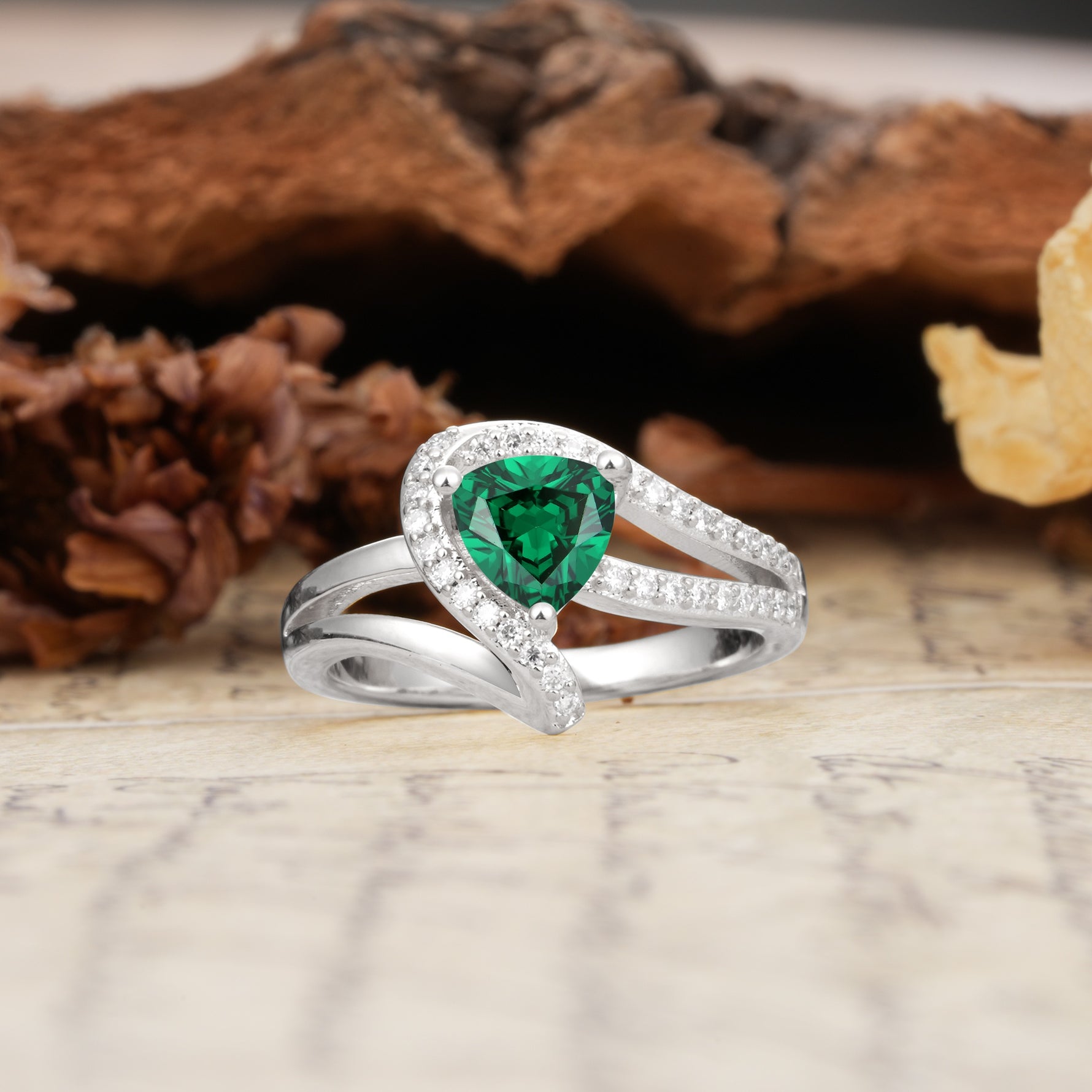 Unique Twisted and Entwined 3-Prong, Heart-Shaped Cut Emerald Engagement Ring - Additional view