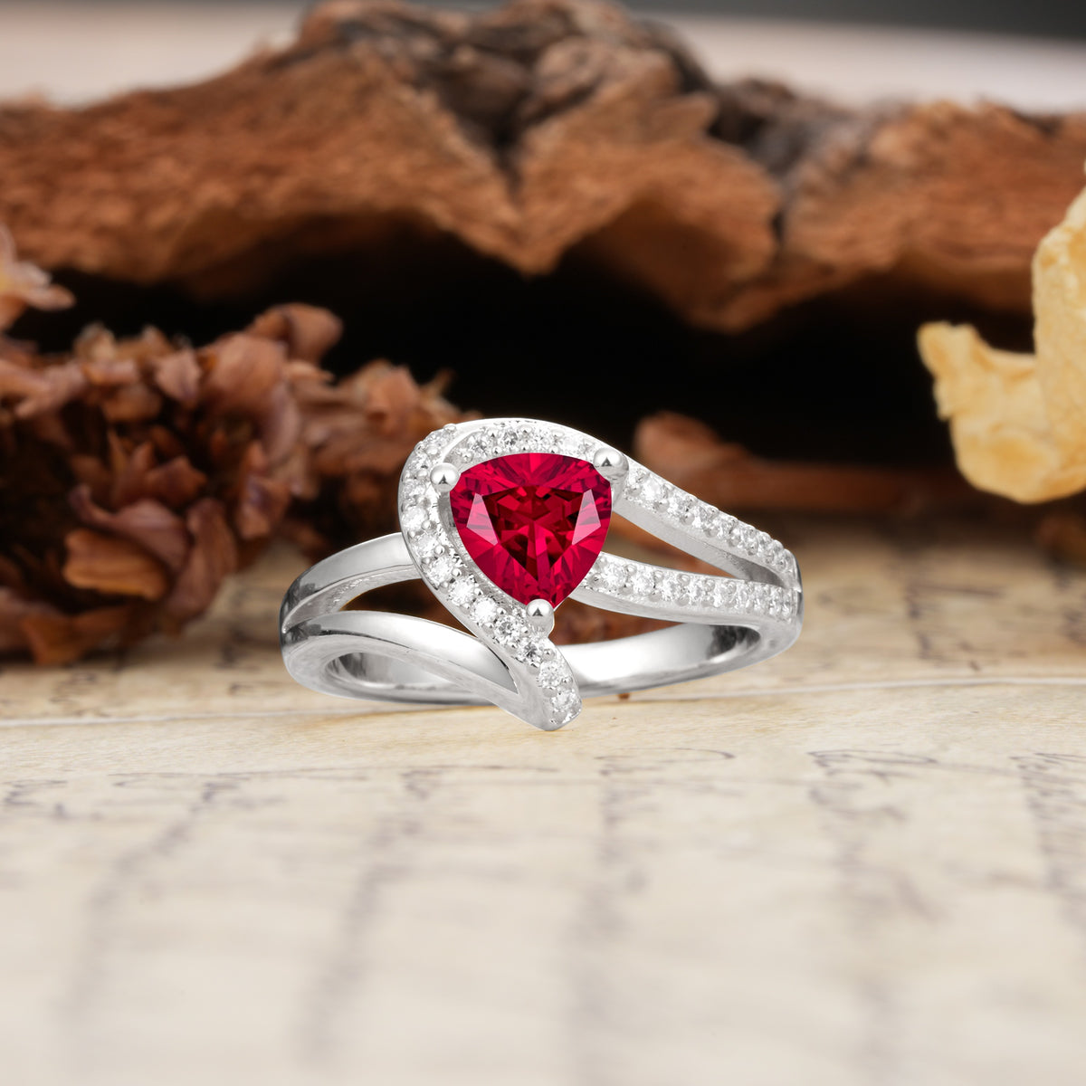 Unique Twisted and Entwined 3-Prong, Heart-Shaped Cut Ruby Engagement Ring - Additional view
