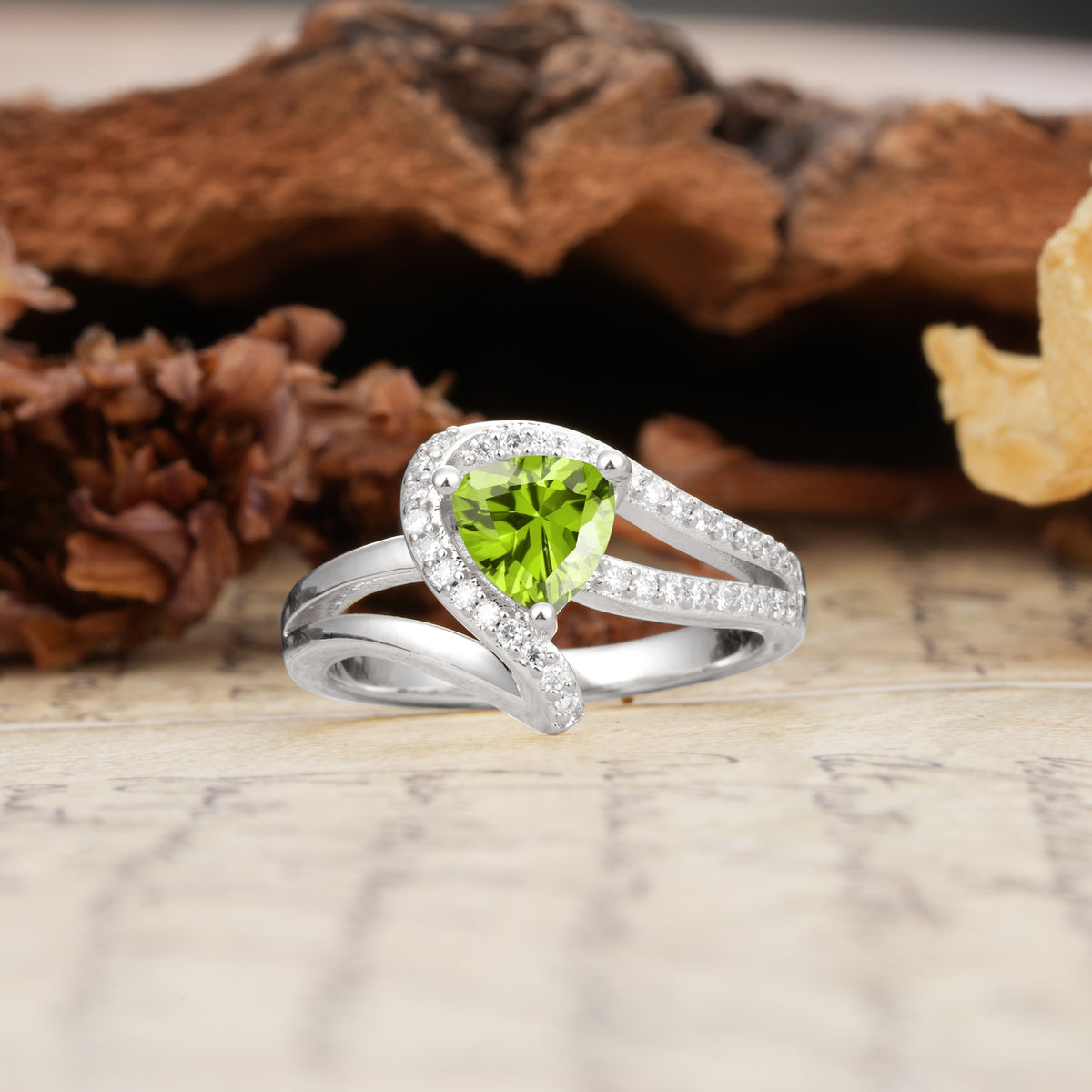 Unique Twisted and Entwined 3-Prong, Heart-Shaped Cut Peridot Engagement Ring - Additional view
