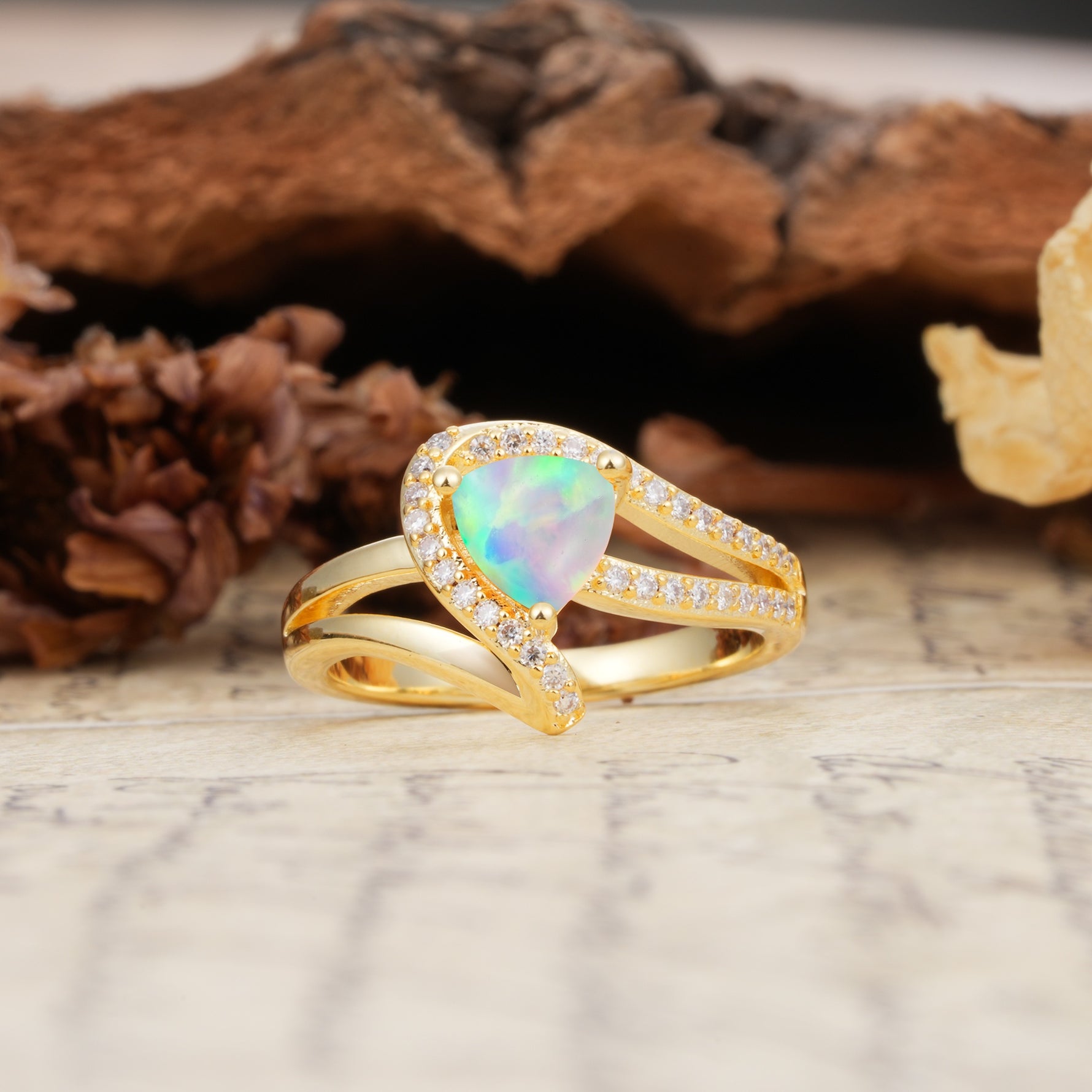 Unique Twisted and Entwined 3-Prong, Heart-Shaped Cut Fire Opal Engagement Ring - Additional view