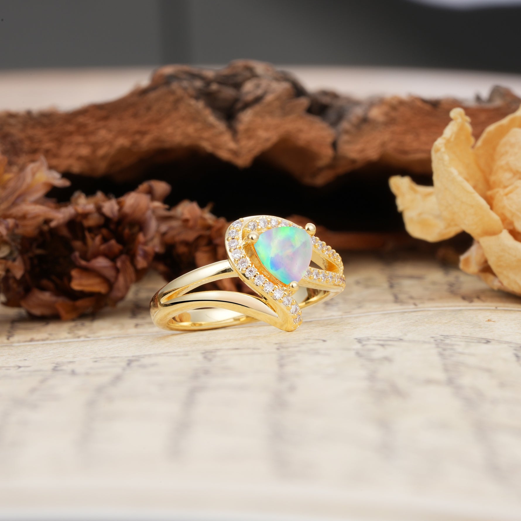Unique Twisted and Entwined 3-Prong, Heart-Shaped Cut Fire Opal Engagement Ring - Additional view